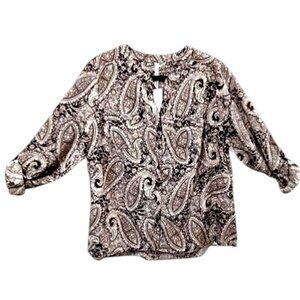 NY Collection 2X Brown Black Gray White Paisley Button Down Shirt